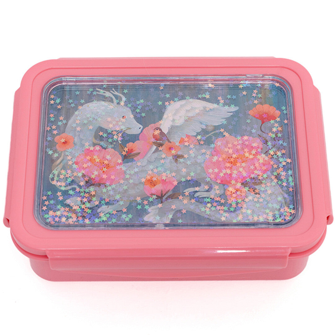 Petit Monkey roze kinderbroodtrommel met een sprookjesdraak, bloemen en sterren op de deksel.