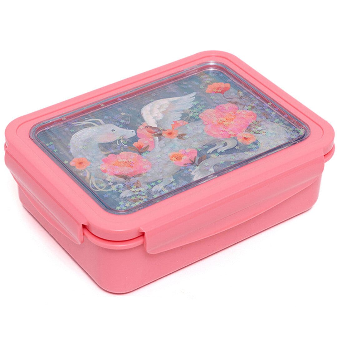 Gesloten Petit Monkey roze kinderbroodtrommel met een sprookjesdraak en bloemen op de deksel.