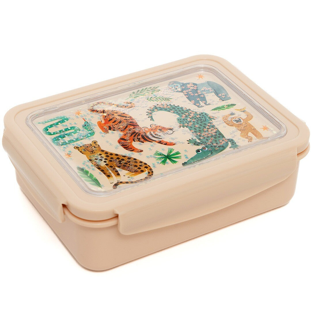 Petit Monkey kinderbroodtrommel met jungle dieren en glitter op de deksel.
