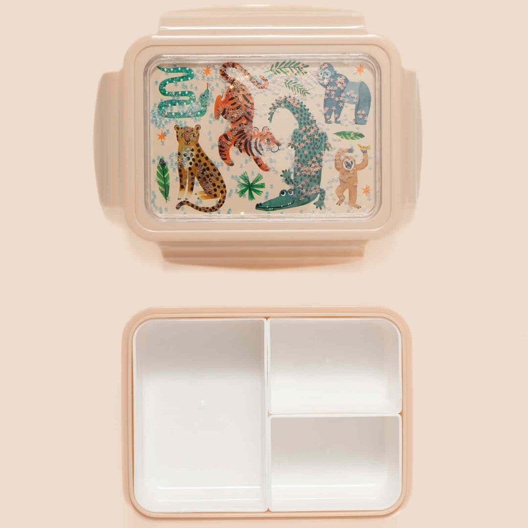 Petit Monkey kinderbroodtrommel met jungle dieren op de deksel en drie vakken in de open trommel.