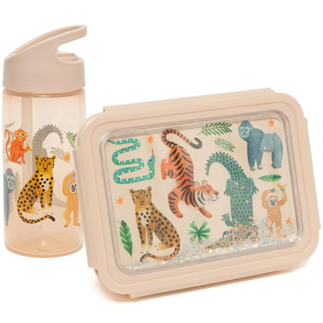 Petit Monkey kinderbroodtrommel en drinkfles met jungle dieren thema.