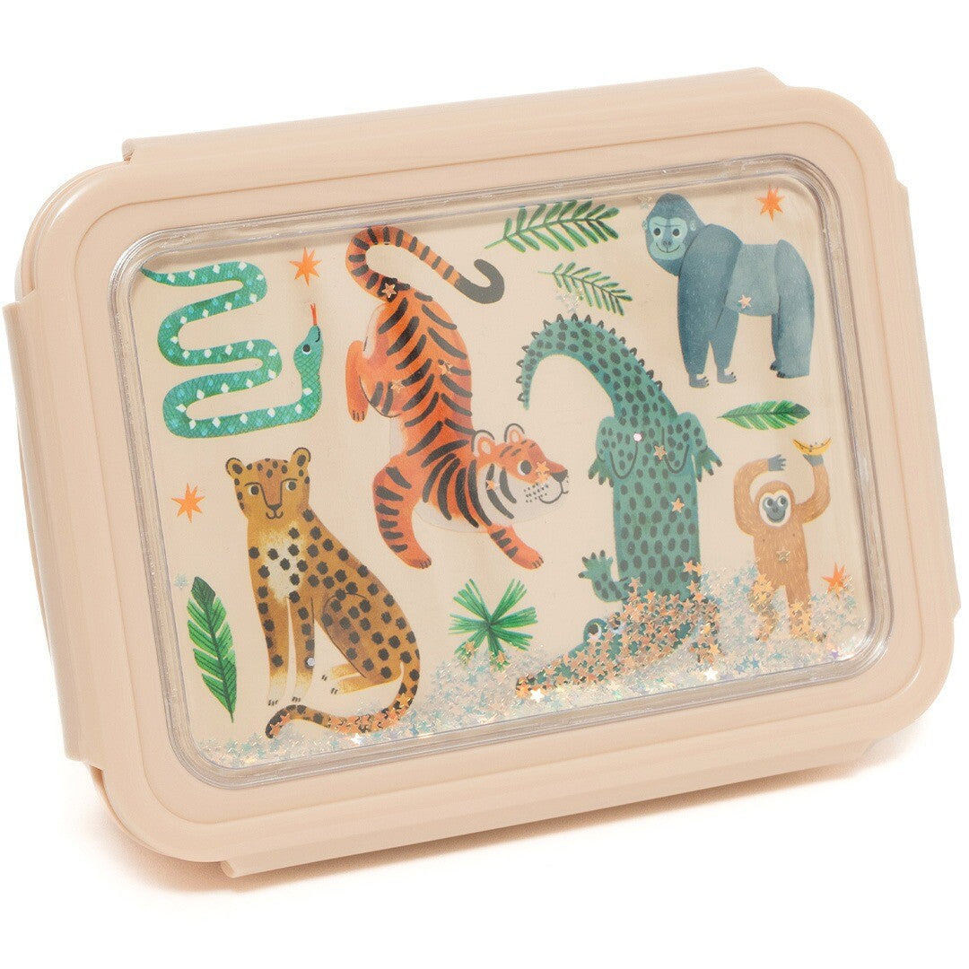 Detail van de Petit Monkey kinderbroodtrommel deksel met jungle dieren en glitter.