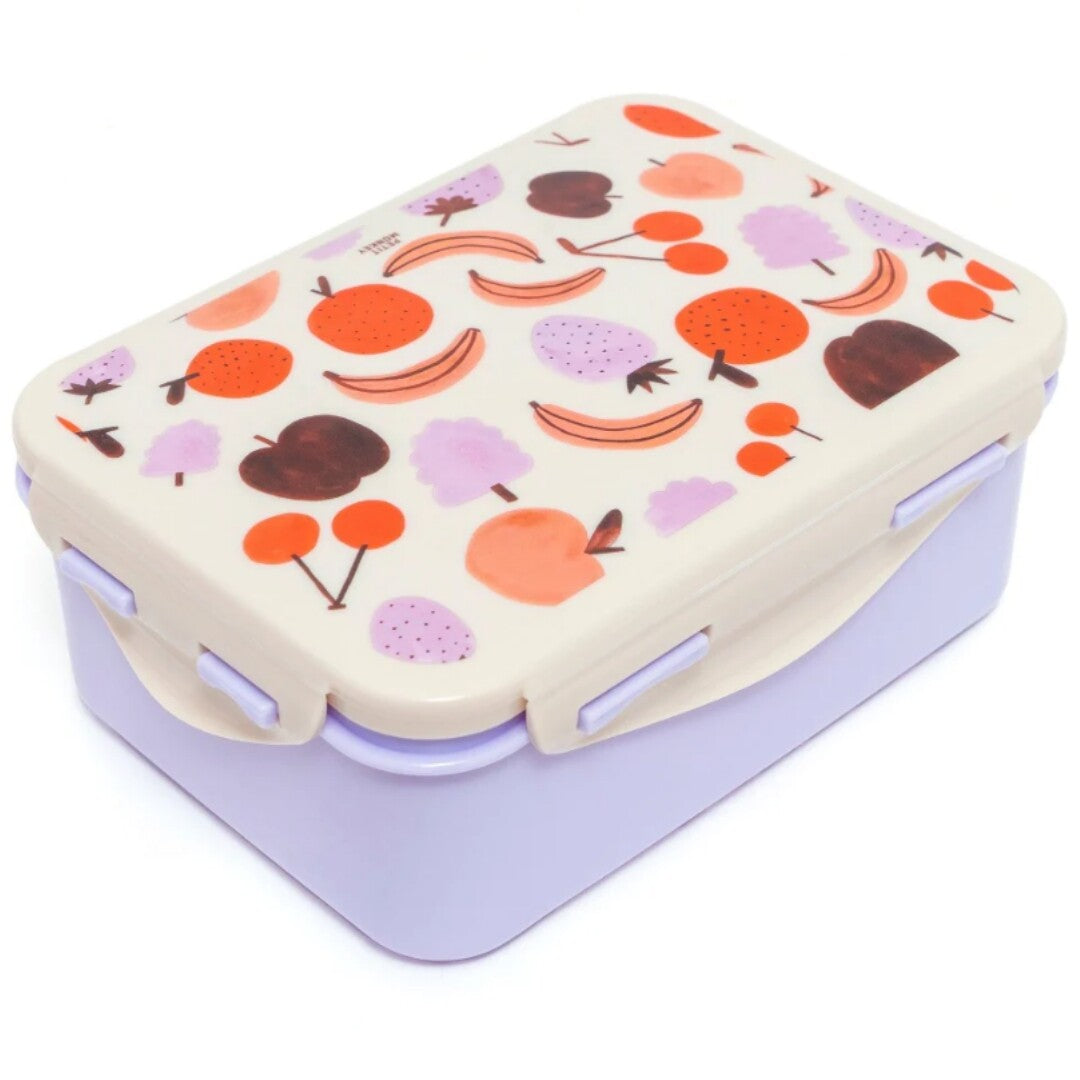 Petit Monkey broodtrommel voor kinderen met paarse onderkant en witte deksel met fruitpatroon.