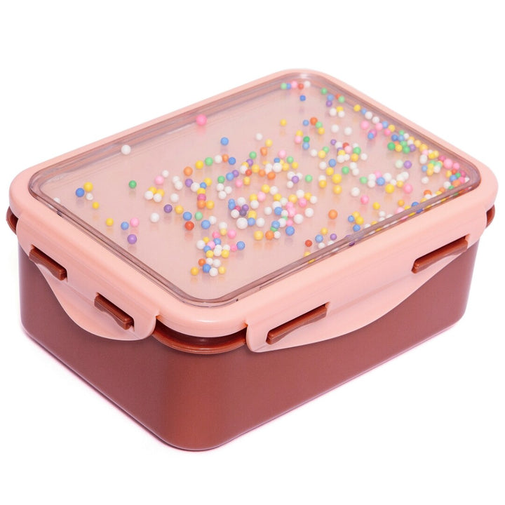 Petit Monkey roze plastic broodtrommel met transparant deksel en kleurrijke punten.