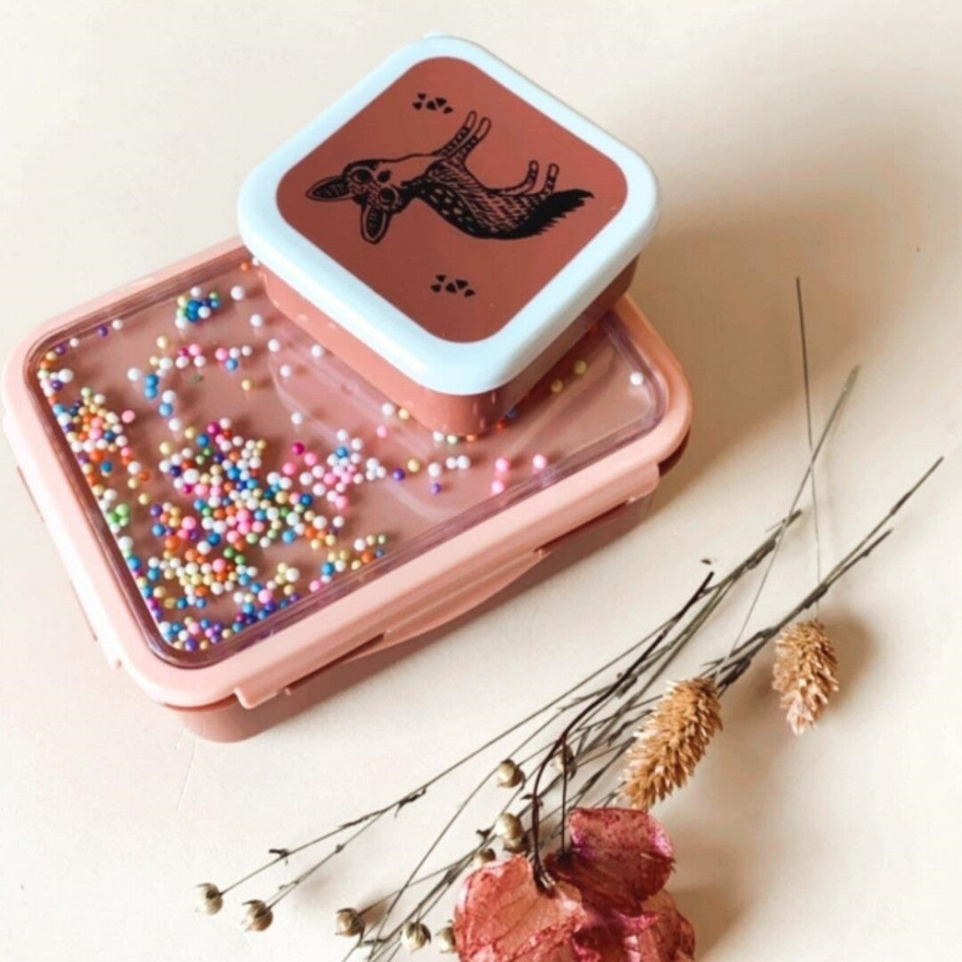 Petit Monkey roze broodtrommel met punten en een kleinere bruine lunchbox met dierenillustratie, naast gedroogde bloemen.