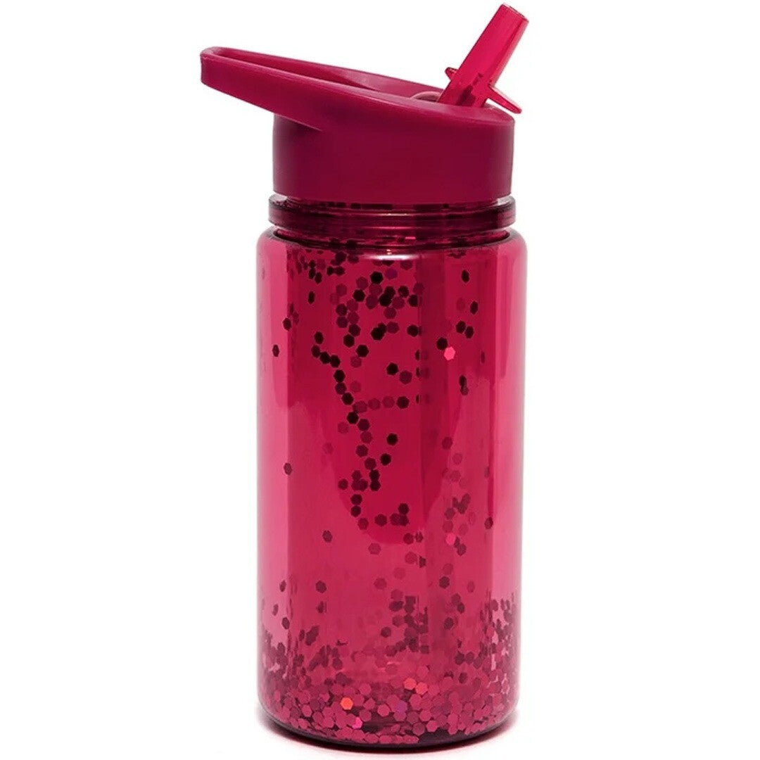 Petit Monkey kinder drinkfles met roze glitter en uitgeklapte drinktuit.