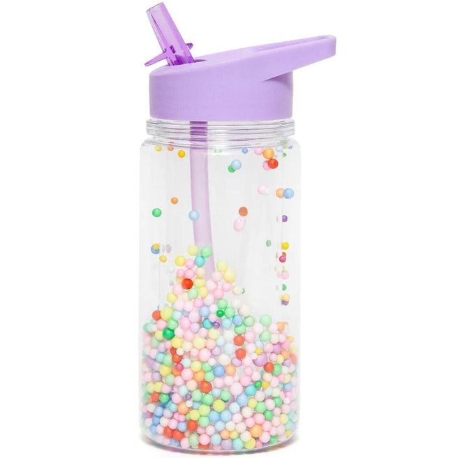 Petit Monkey kinder drinkfles met paarse dop en kleurrijke macaron pops.