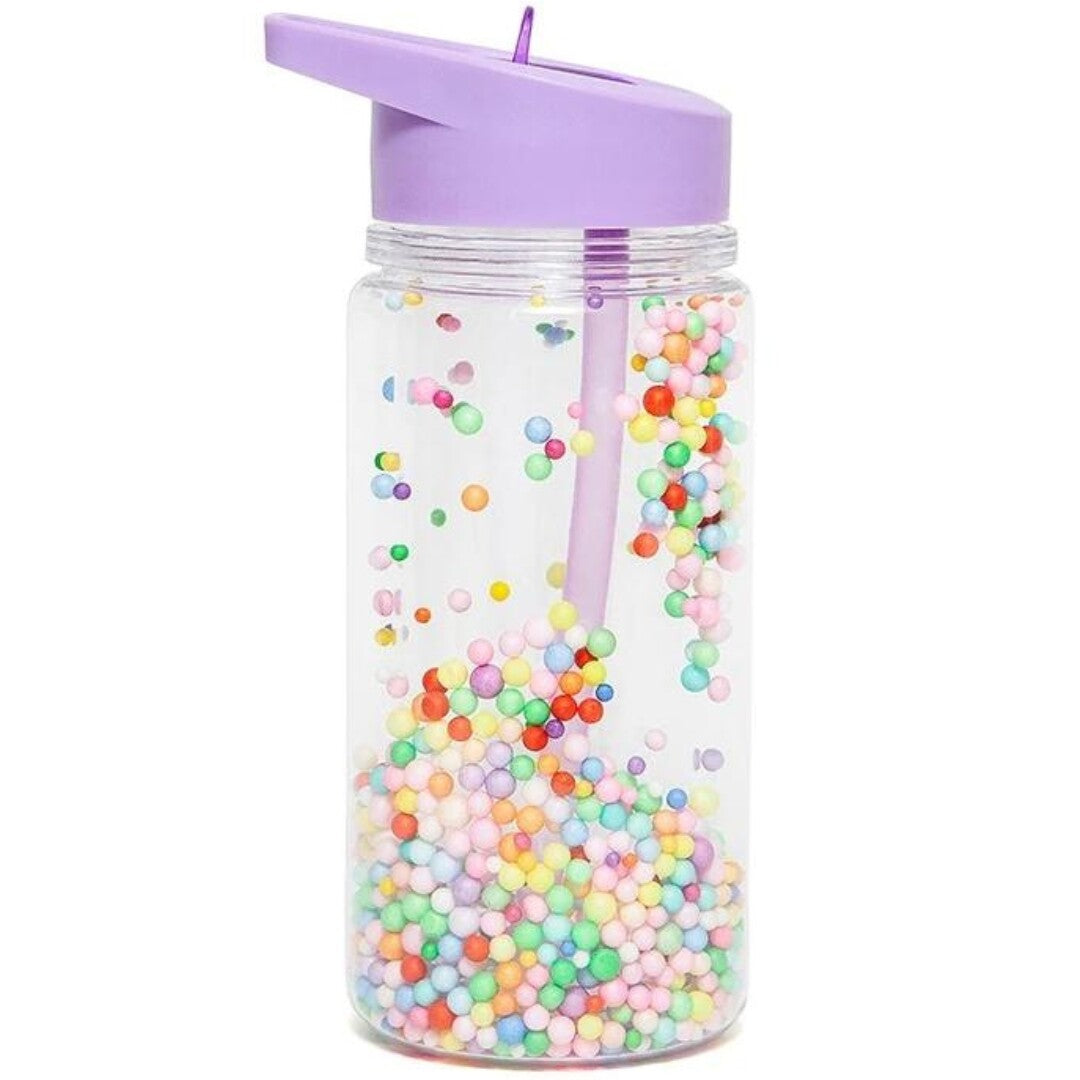 Petit Monkey kinder drinkfles met paarse dop en kleurrijke macaron pops.