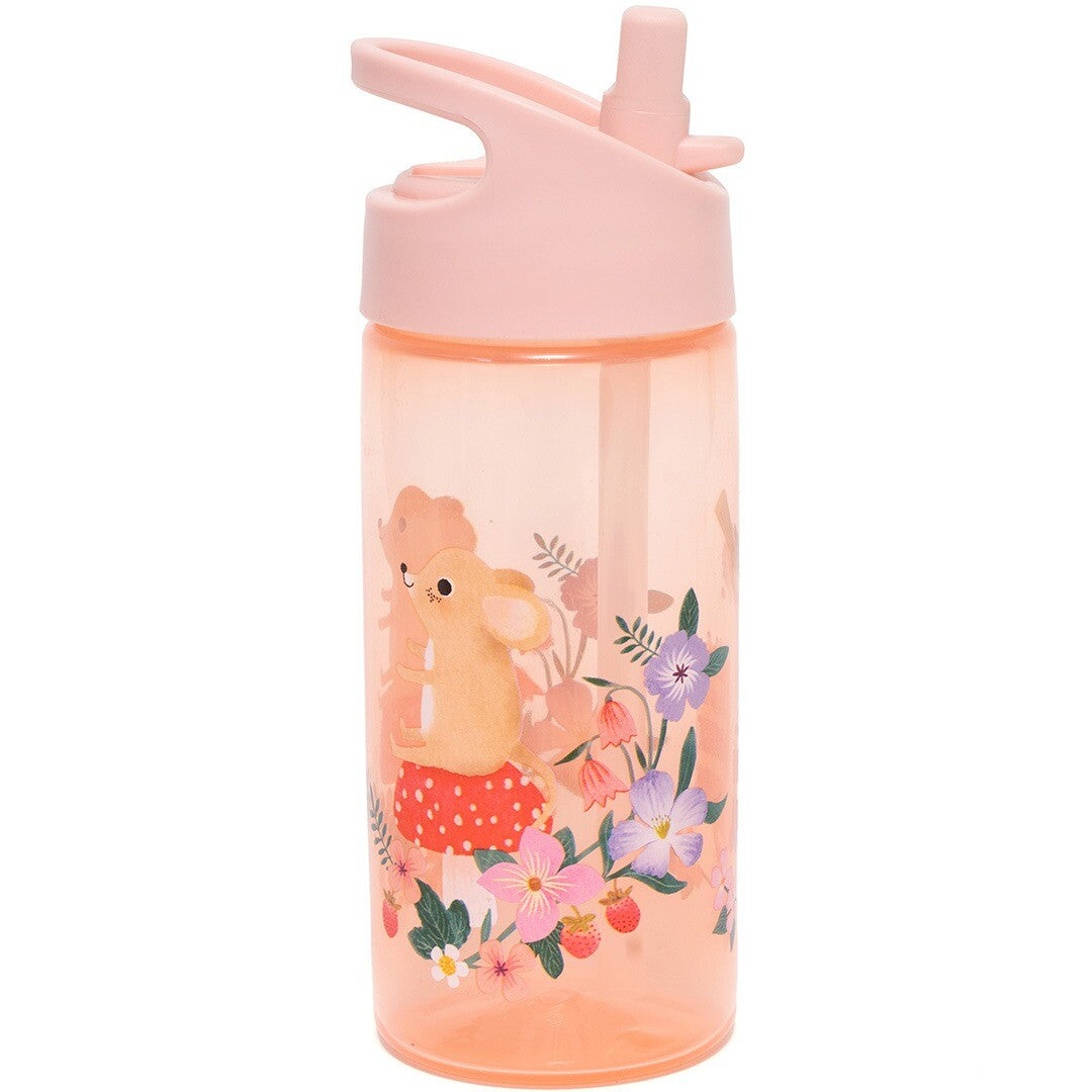 Petit Monkey roze kinder drinkfles met rietje, versierd met een muis op een paddenstoel en bloemen.