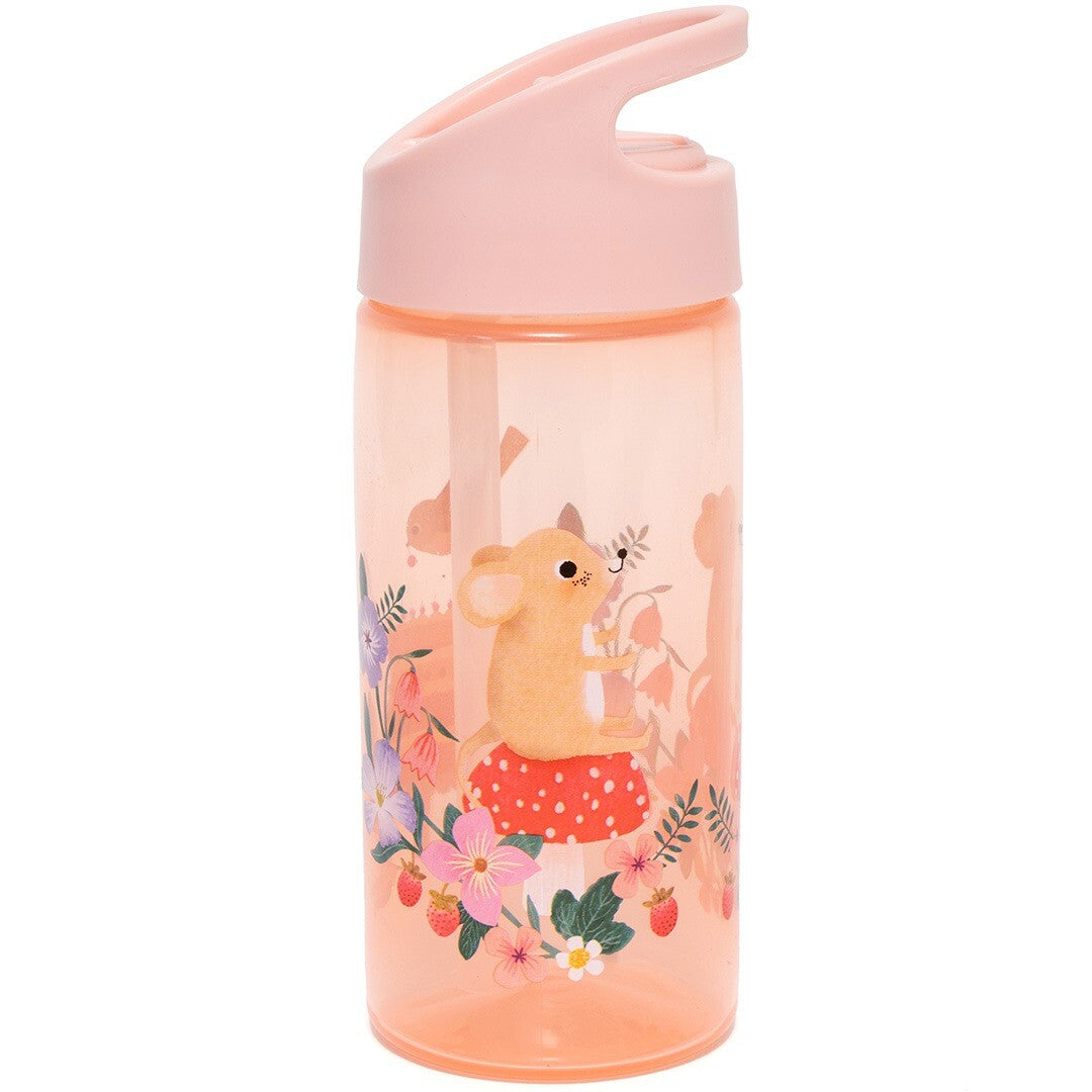 Petit Monkey roze kinder drinkfles met rietje, versierd met een muis op een paddenstoel en bloemen.