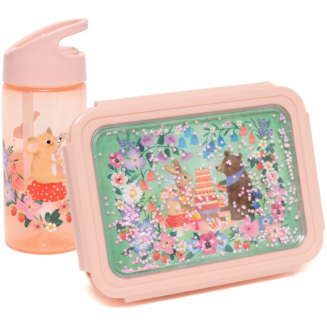 Petit Monkey roze kinder drinkfles met rietje en bijpassende lunchbox met dieren en bloemen.
