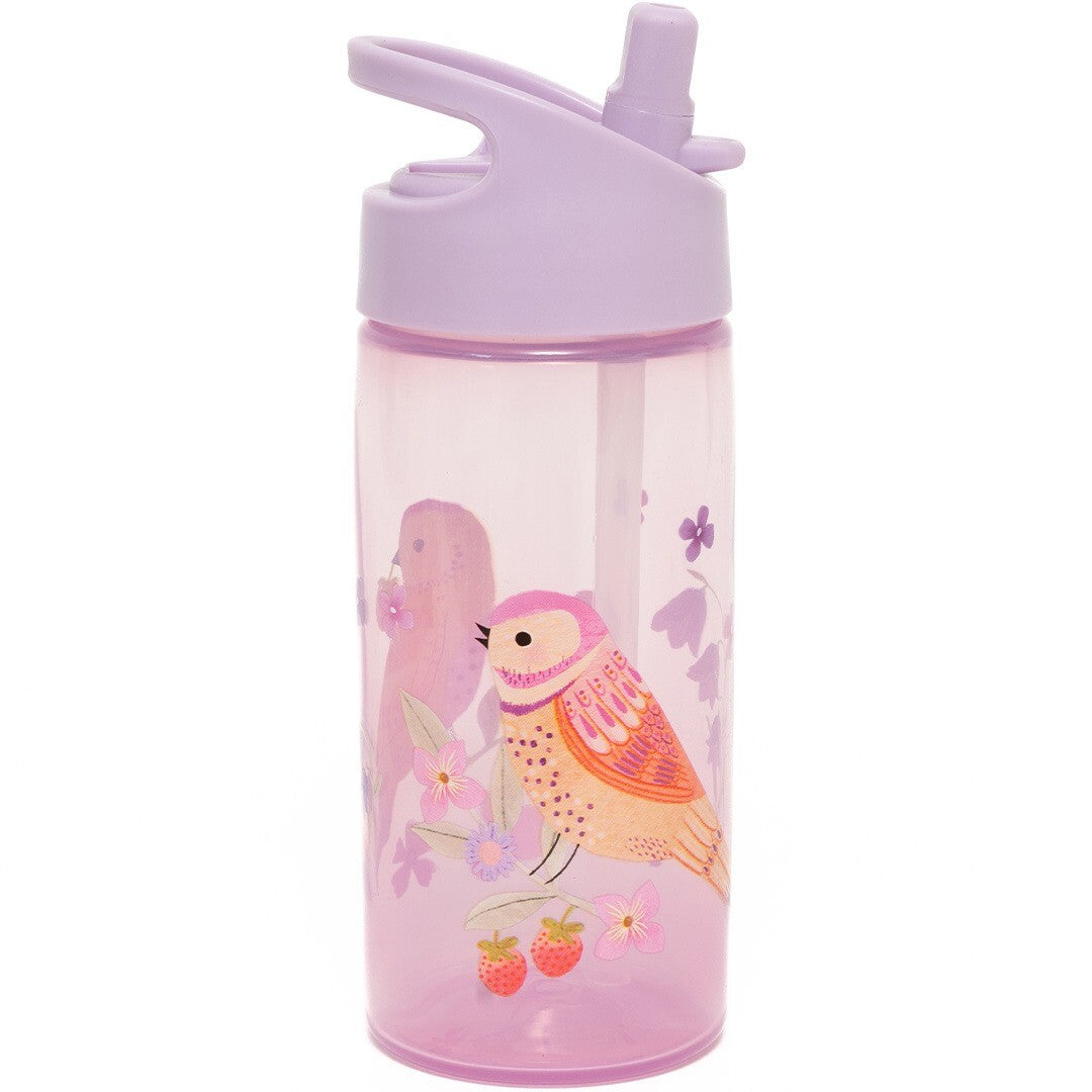 Petit Monkey drinkfles met rietje voor kinderen, versierd met een vogel en bloemenpatroon.
