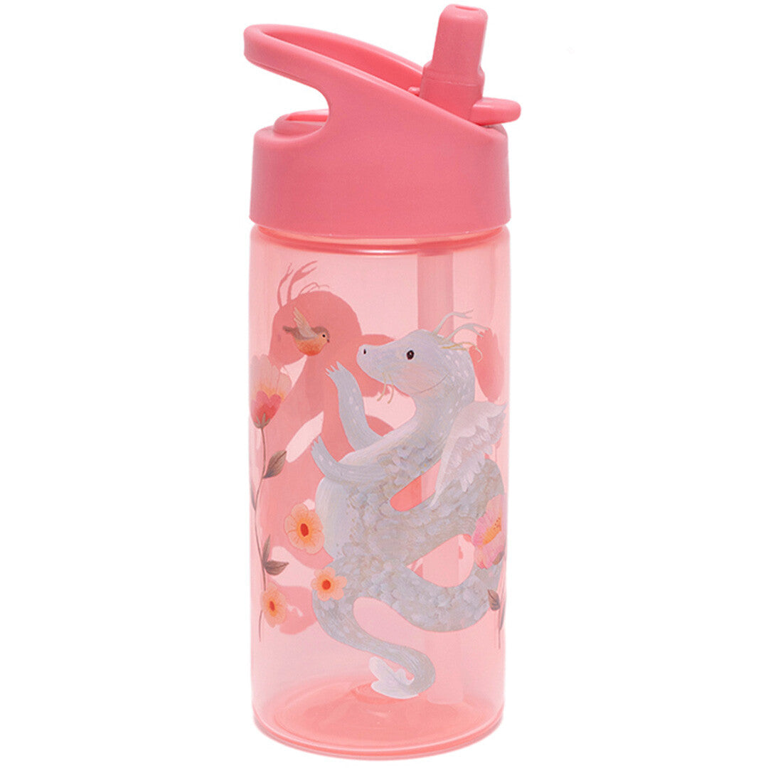Petit Monkey roze kinder drinkfles van plastic met een sprookjes draak en bloemen.
