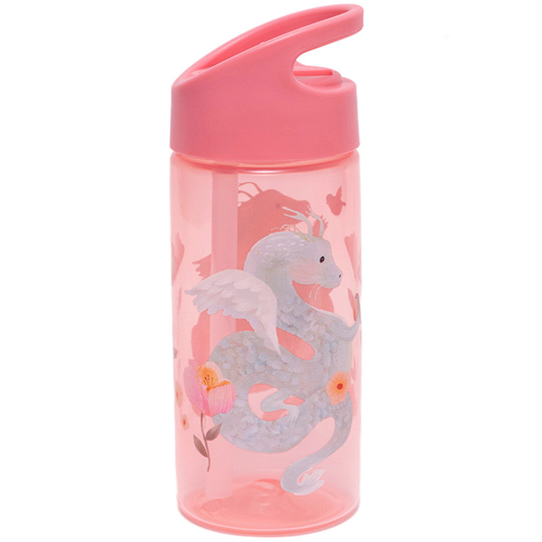 Petit Monkey roze kinder drinkfles van plastic met een sprookjes draak en bloemen.