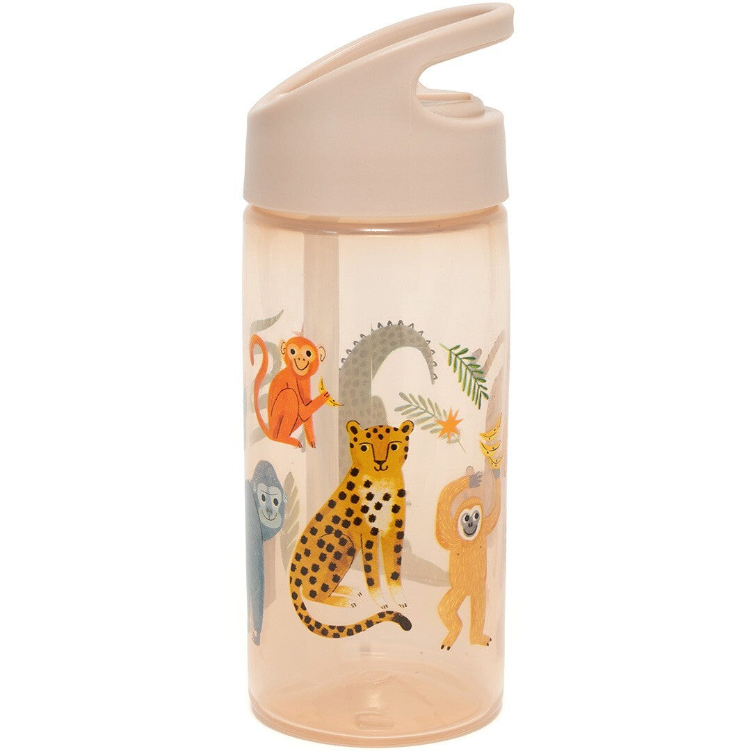 Petit Monkey drinkfles met rietje met illustraties van een luipaard, apen en een gorilla.