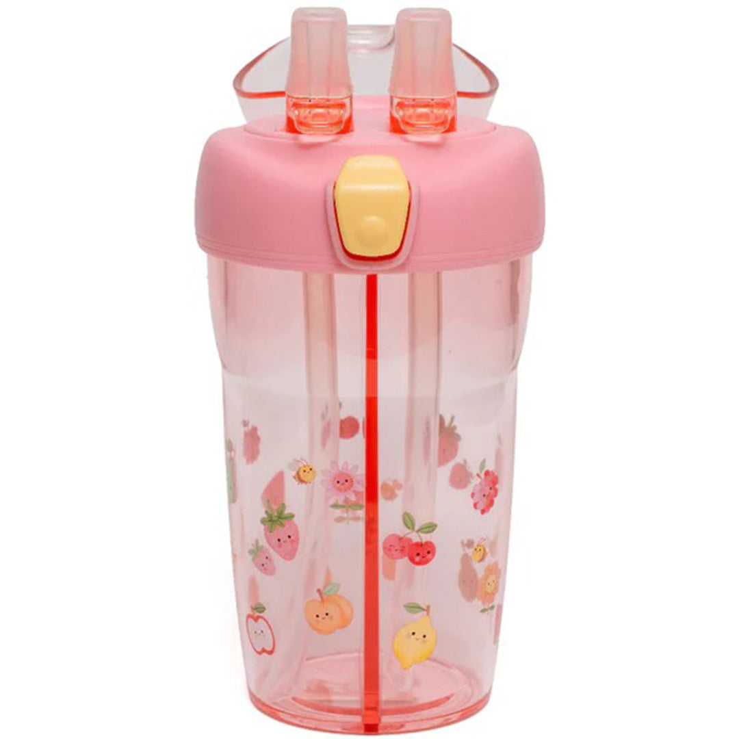 Petit monkey roze dubbele drinkfles voor kinderen met fruitprint en open deksel.
