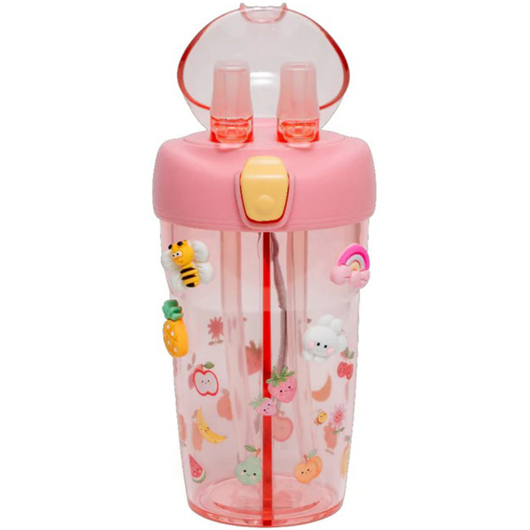 Petit monkey roze dubbele drinkfles voor kinderen met fruit- en dierenstickers en open deksel.