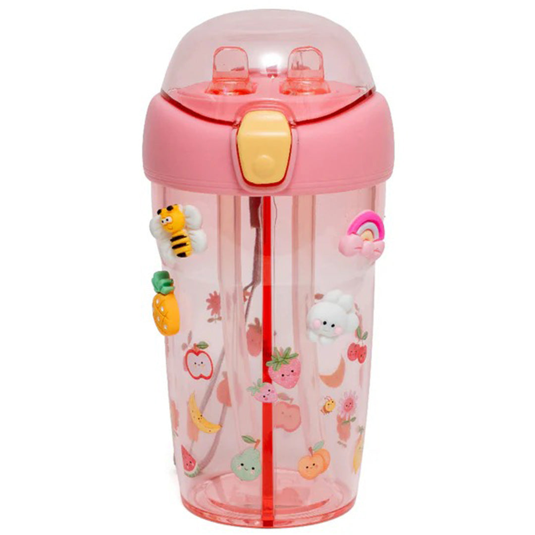 Petit monkey roze dubbele drinkfles voor kinderen met fruit- en dierenstickers en gesloten deksel.