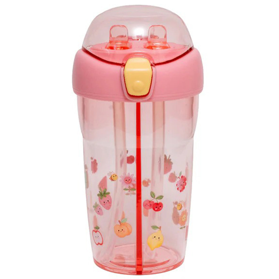 Petit monkey roze dubbele drinkfles voor kinderen met fruitprint en gesloten deksel.