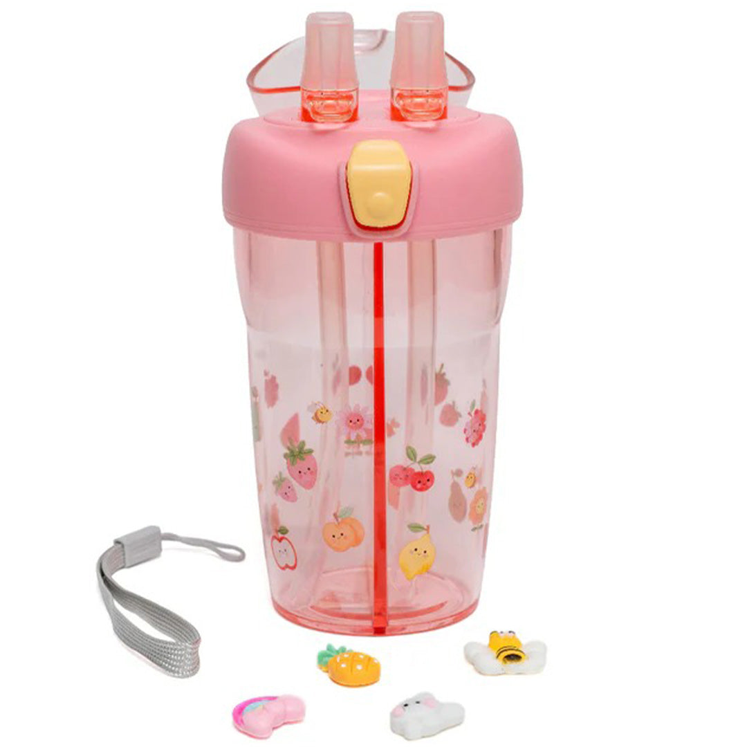 Petit monkey roze dubbele drinkfles voor kinderen met losse fruit- en dierenstickers en een polsbandje.