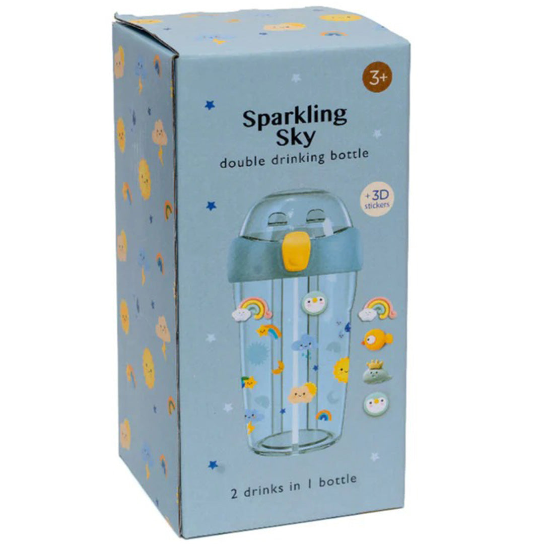 De verpakking van de Sparkling Sky dubbele kinderdrinkfles met een afbeelding van de fles en wolken.