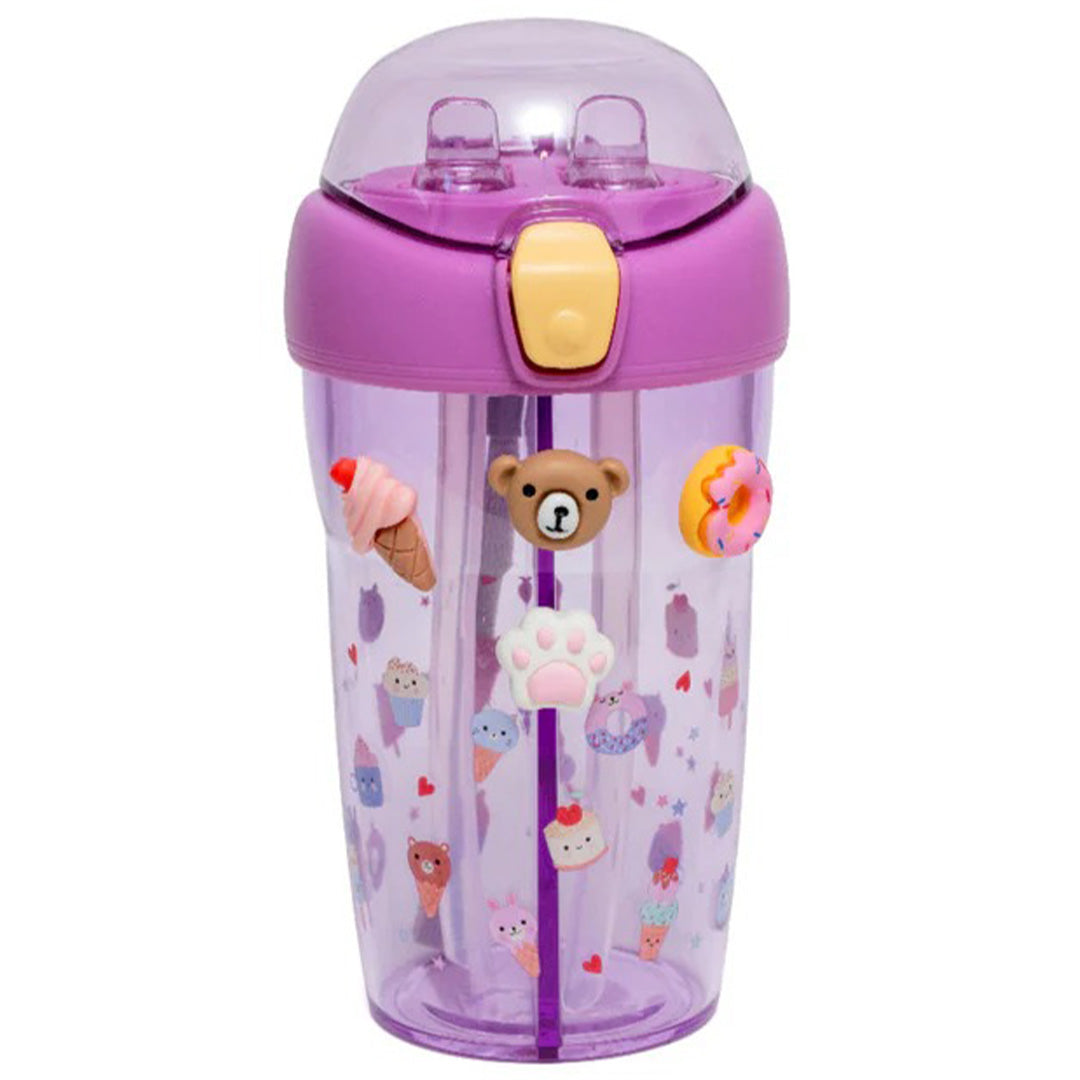 petit monkey paarse dubbele drinkfles voor kinderen met gesloten deksel, twee rietjes en 3D-stickers van snoepjes en dieren.