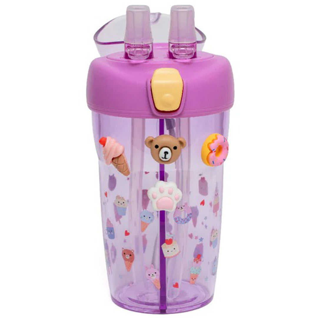petit monkey paarse dubbele drinkfles voor kinderen met twee rietjes en 3D-stickers van snoepjes en dieren.