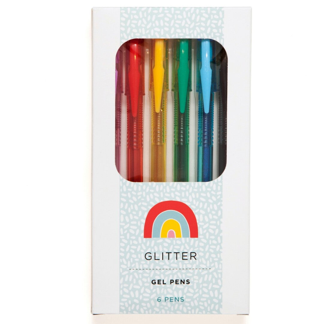 Verpakking van de Petit Monkey glitter gelpennen met een regenboog en zes pennen zichtbaar.