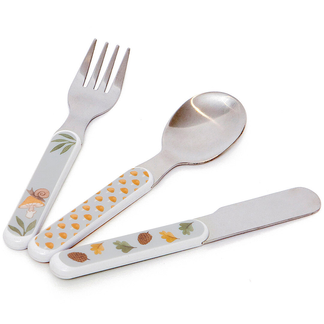 Petit Monkey kinderbestekset met vork, lepel en mes met een bosdieren en bladeren thema.