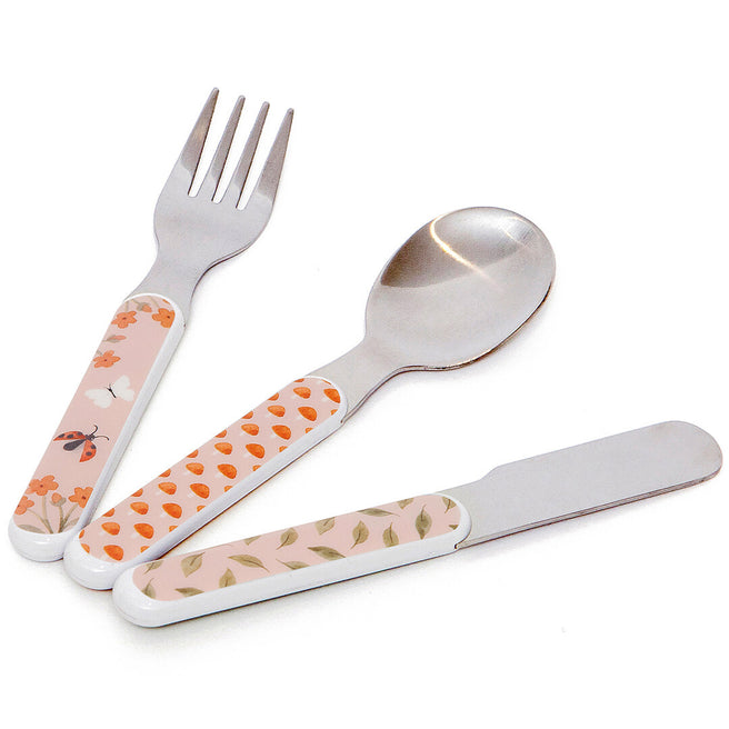 Petit Monkey kinderbestek met roze handvatten met bloemen, dieren en bladeren.