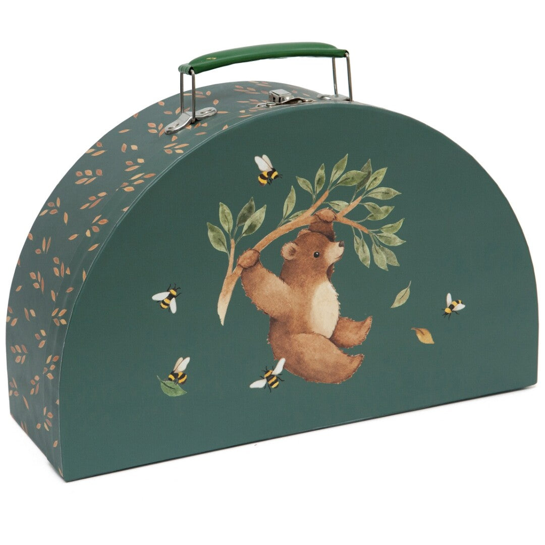 Groene Petit Monkey kinderkoffer met een beer aan een tak en vliegende bijen.