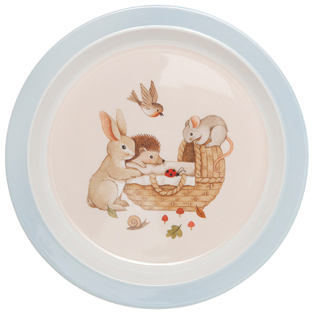 Petit monkey melamine kinderbord met een illustratie van bosdieren rond een mandje en een lichtblauwe rand.