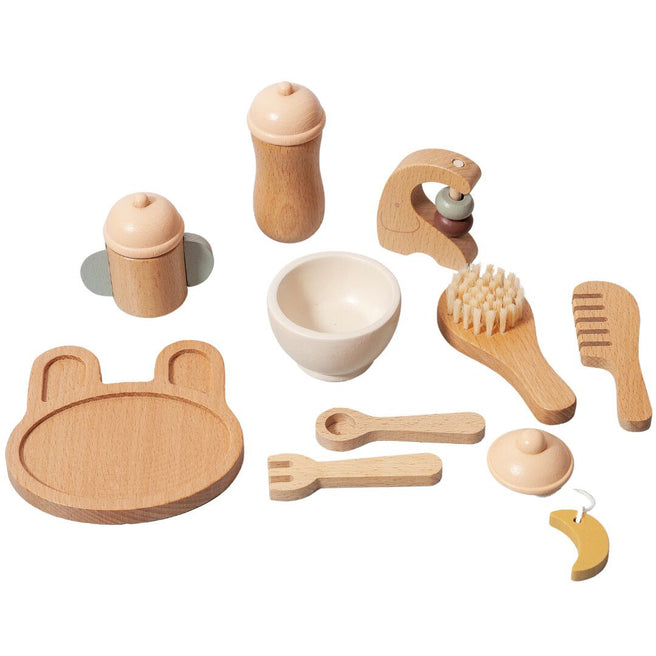Petit monkey houten poppen verzorgingsset met flesjes, kom, bestek, borstel en kam.