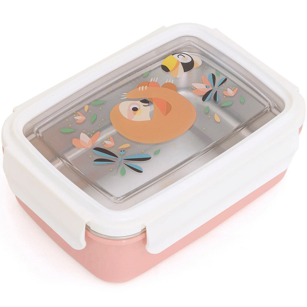 Petit Monkey RVS broodtrommel bento voor kinderen in roze en wit met een luiaard en dierenpatroon op de deksel.