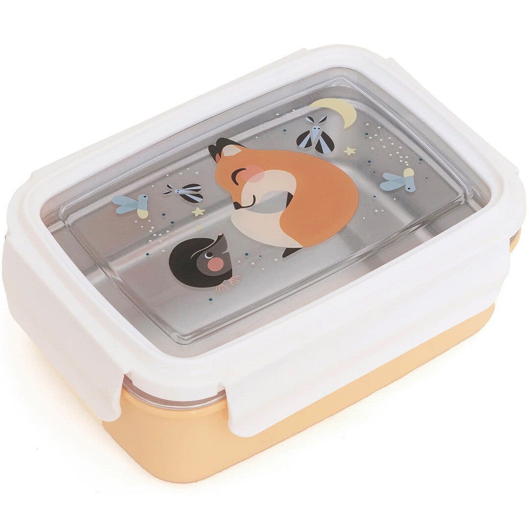 Petit Monkey kinderbroodtrommel met een slapende vos, egel en sterren op de deksel.