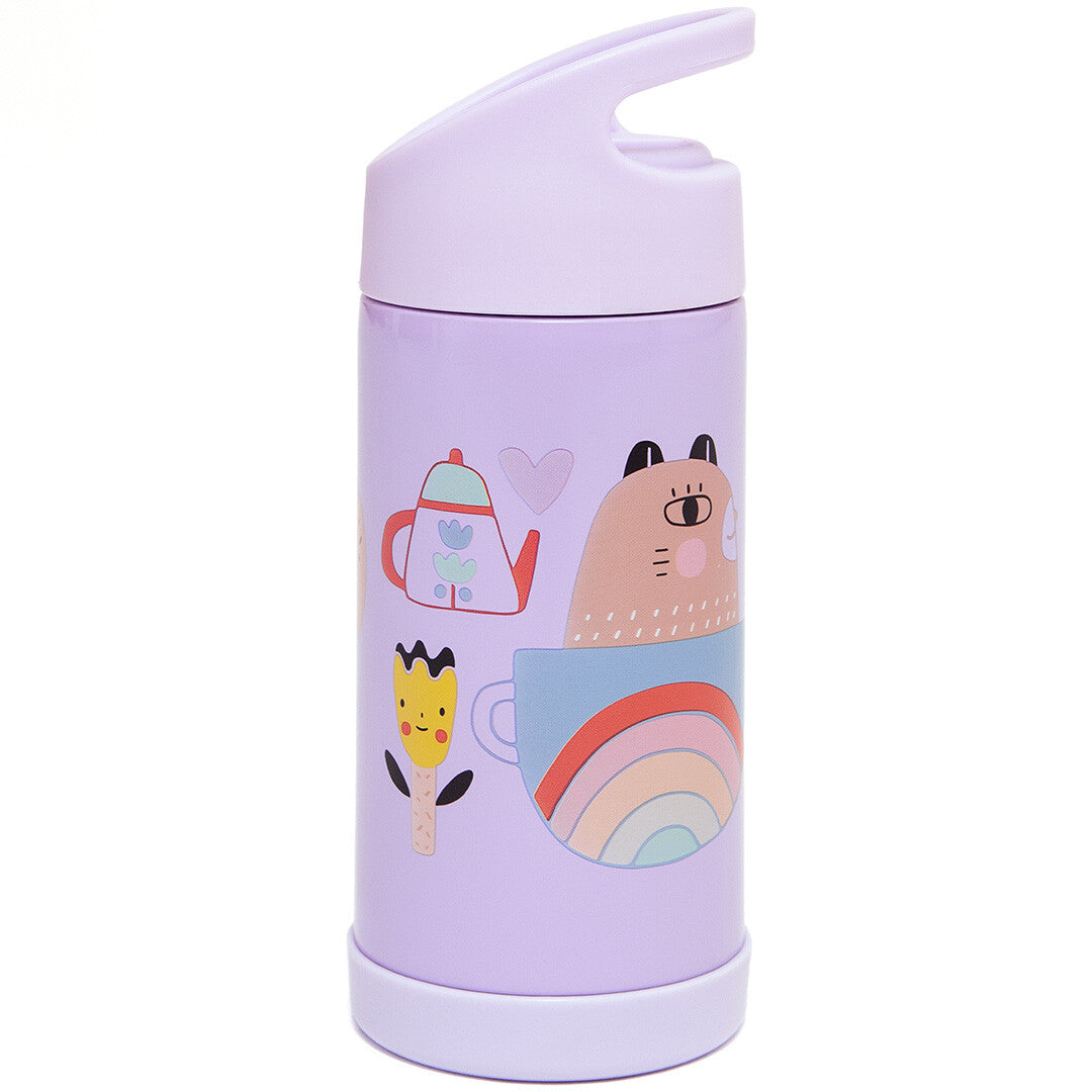 Petit Monkey paarse kinderdrinkfles met illustraties van een kat, theepot en regenboog.