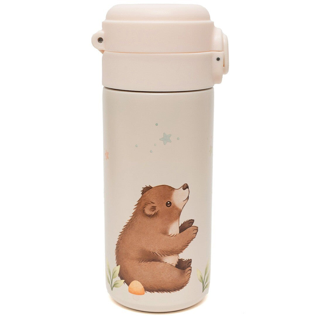 Petit Monkey rvs drinkfles met beertje en sterren, gesloten en rechtopstaand.