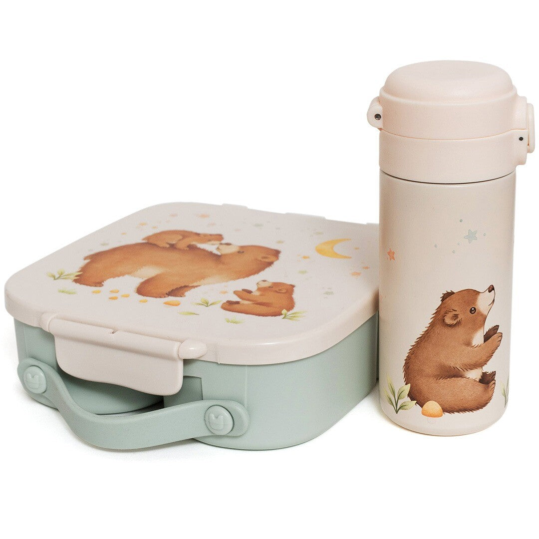 Petit Monkey rvs drinkfles met beertje en sterren naast een bijpassende lunchbox.
