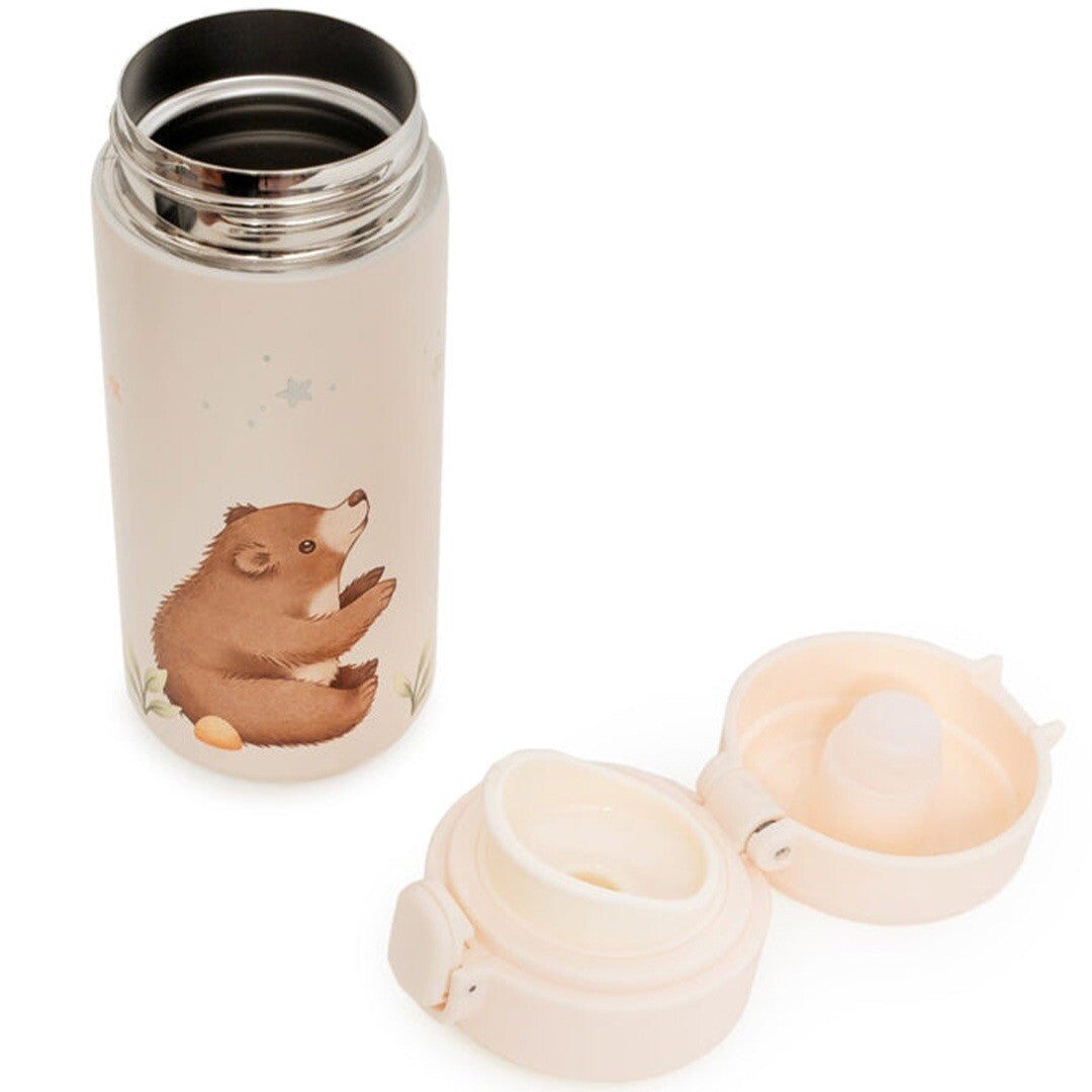 Petit Monkey rvs drinkfles met beertje en sterren, open met de dop ernaast.