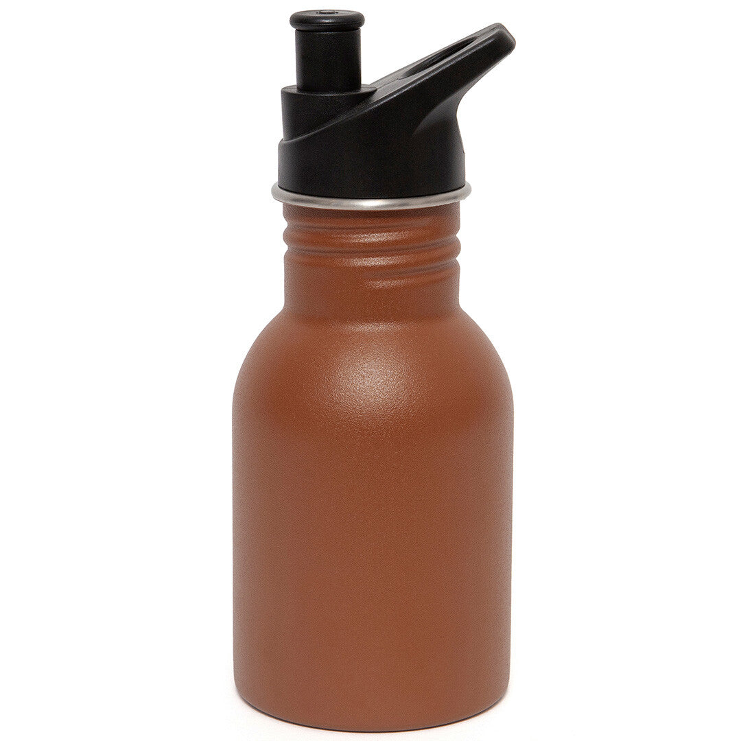 Petit Monkey kinder drinkfles van kleibruin RVS met zwarte flip-top dop.