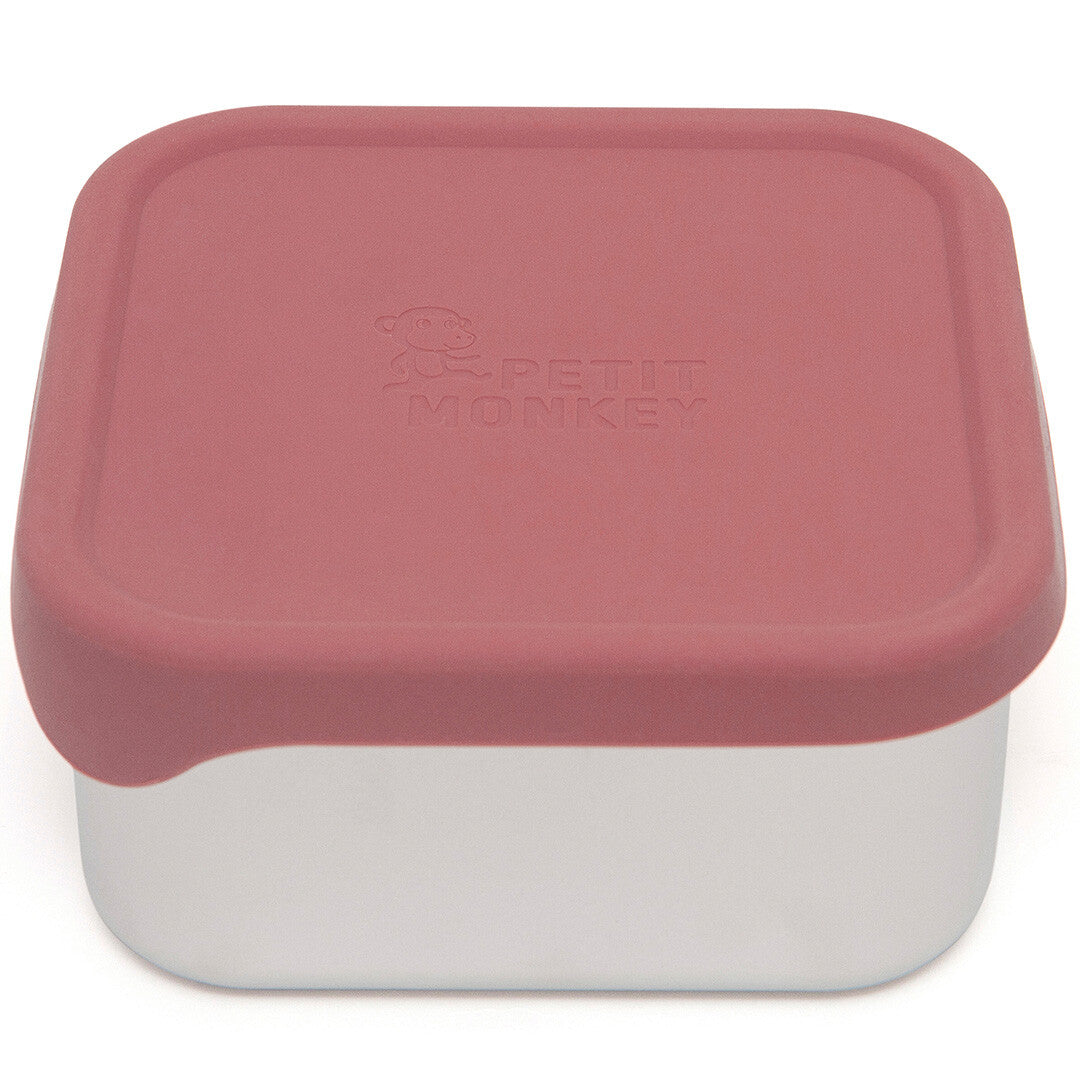 Petit Monkey roze snackdoosje met lichtgrijze onderkant en logo op de deksel.