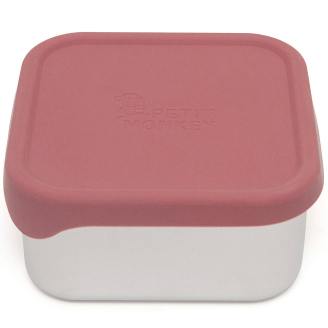 Petit Monkey roze snackdoosje met lichtgrijze onderkant en logo op de deksel.