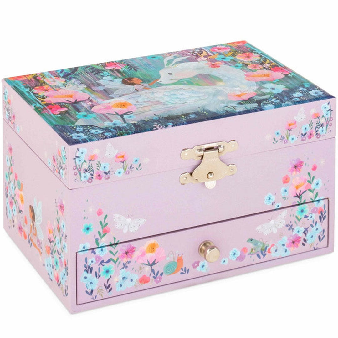 Petit monkey paars sieradendoosje met muziek, versierd met een fairy dragon en bloemen.