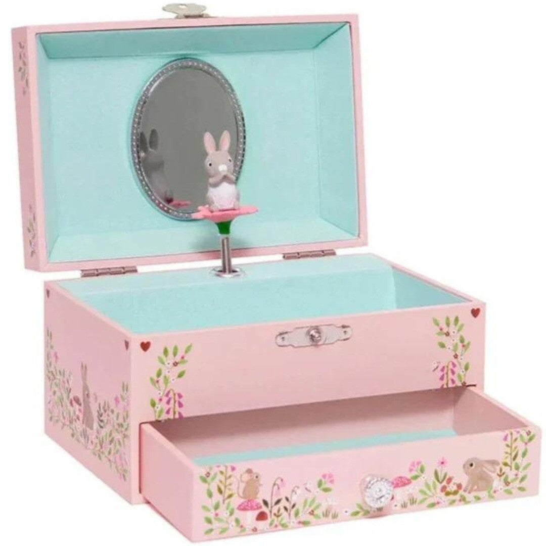 Petit Monkey roze muzieksieradendoosje met bosdieren, open met spiegel en dansend konijn, en een open lade.