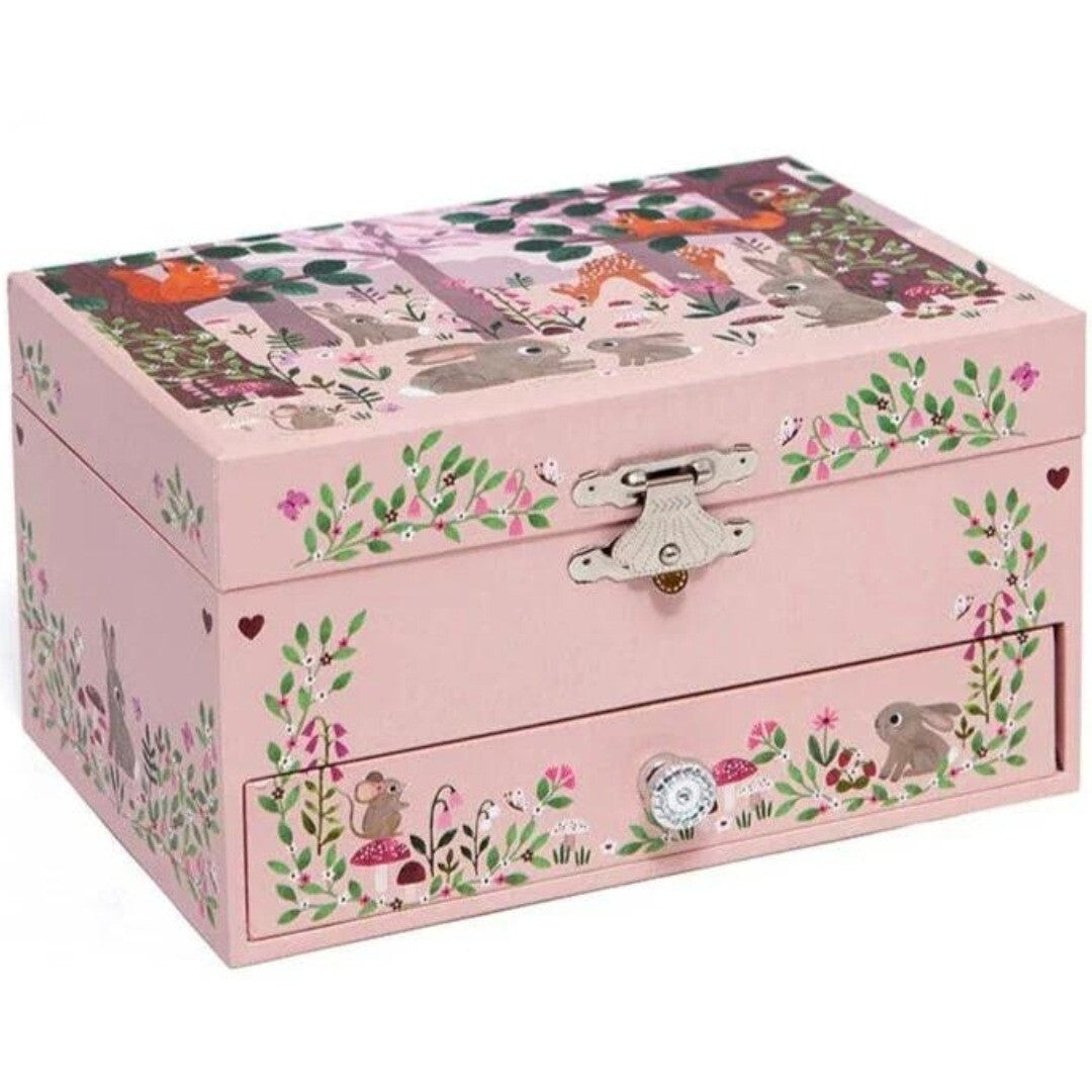 Petit Monkey roze muzieksieradendoosje met bosdieren en bloemen, gesloten met decoratieve knop.