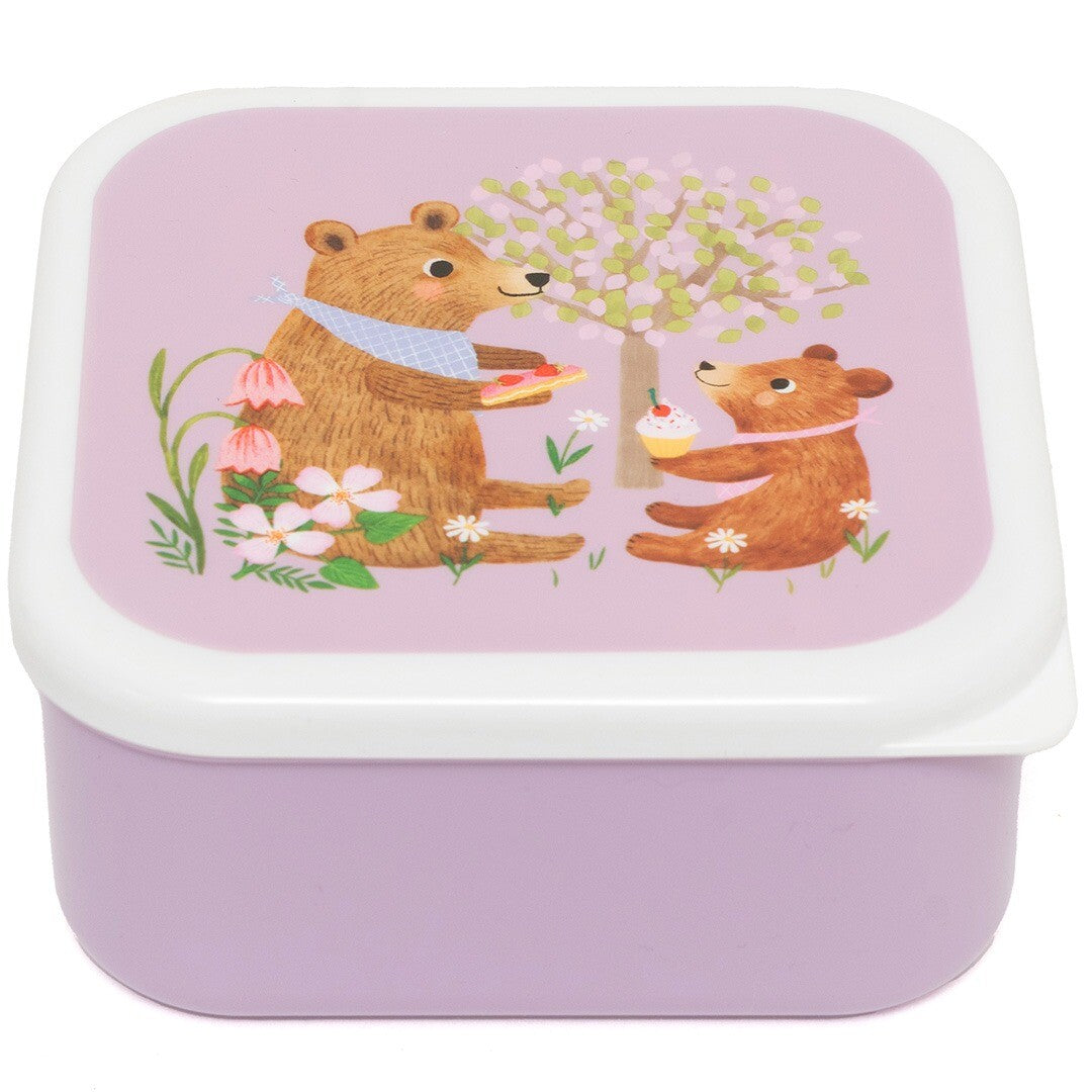 Paars petit monkey snackdoosje met een illustratie van een beer en een welp die picknicken.