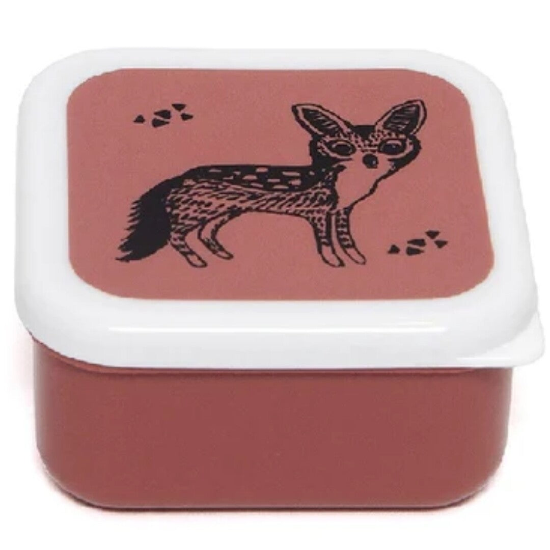 Klein roze petit monkey snackdoosje met een zwarte fennek vos illustratie op de deksel.