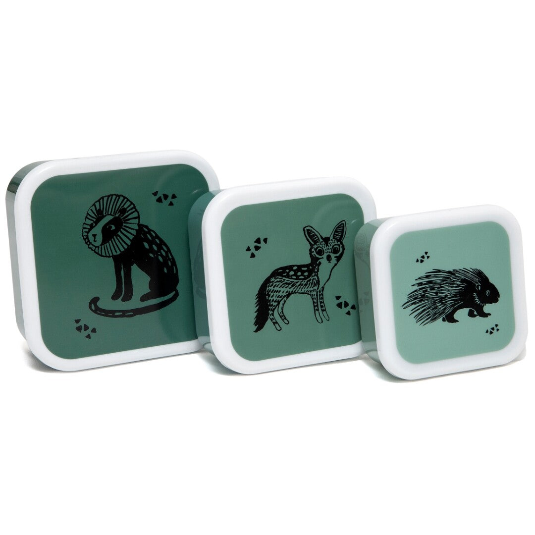 Petit Monkey set van drie groene snackdoosjes met zwarte dierenprints van een leeuw, vos en stekelvarken.