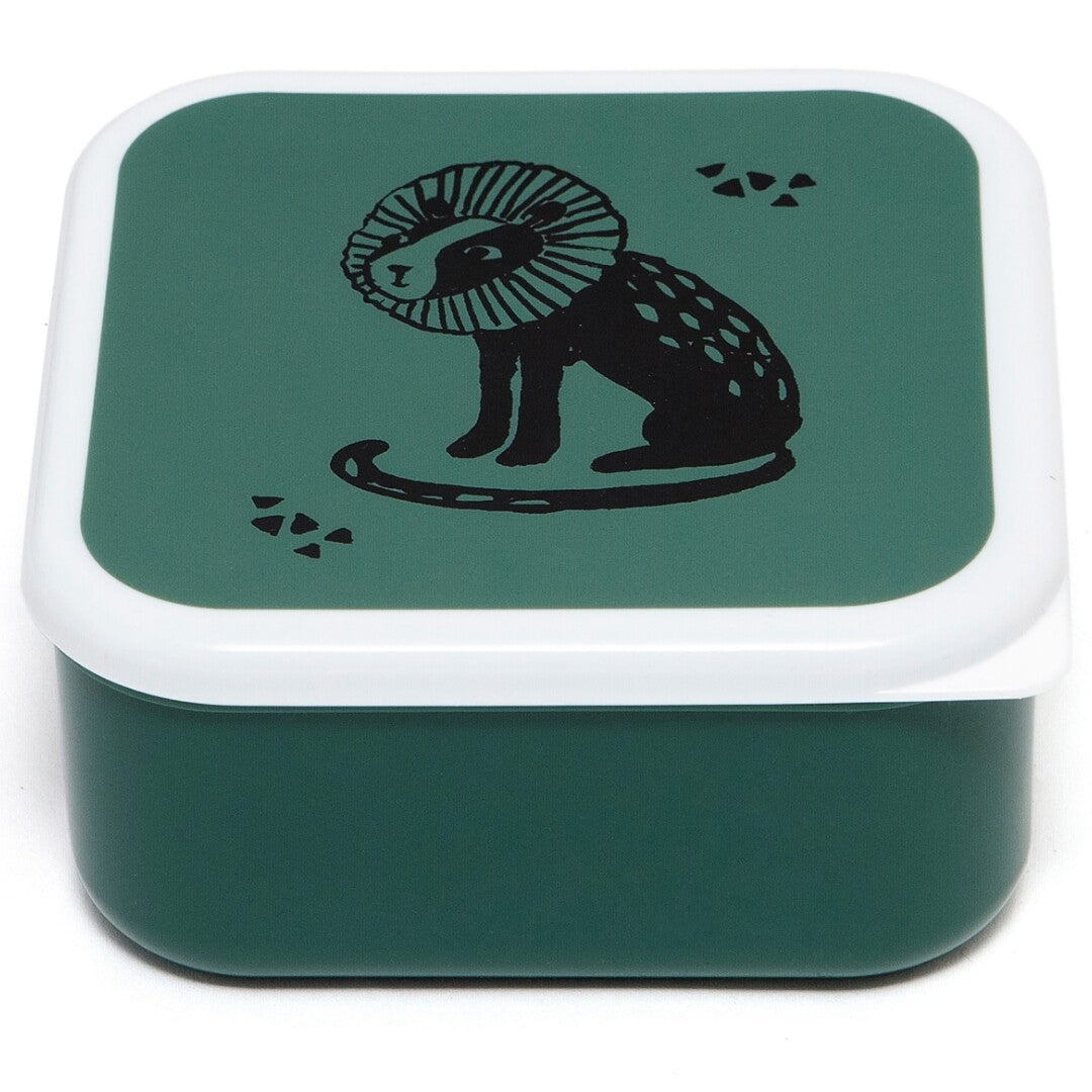 Groot groen snackdoosje met een zwarte leeuwenprint op de deksel.