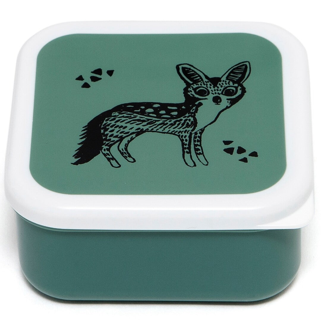 Middelgroot groen snackdoosje met een zwarte vossenprint op de deksel.